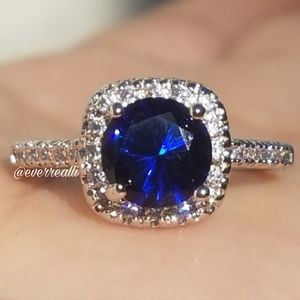 NEW Round Dark Blue Sapphire & Diamond Halo Ring